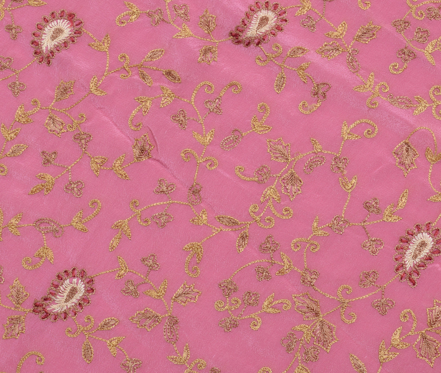 Sushila Vintage Pink Sari Remnant Scrap Pure Crepe Hand Embroidered Craft Fabric