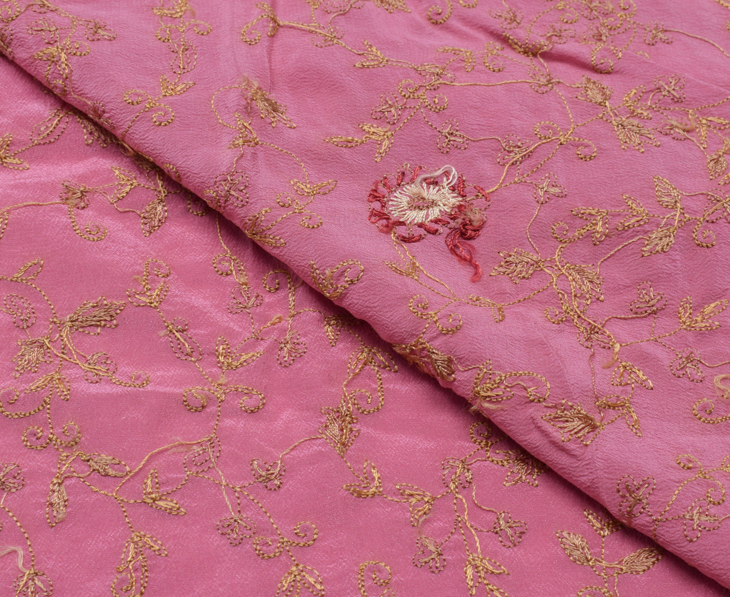 Sushila Vintage Pink Sari Remnant Scrap Pure Crepe Hand Embroidered Craft Fabric