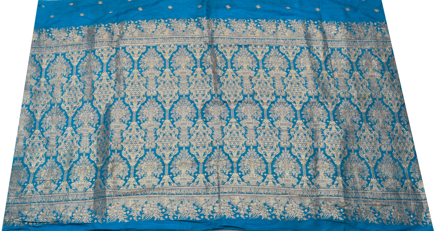 Sushila Vintage Teal Blue Sari Remnant Scrap 100% Pure Silk Woven Craft Fabric