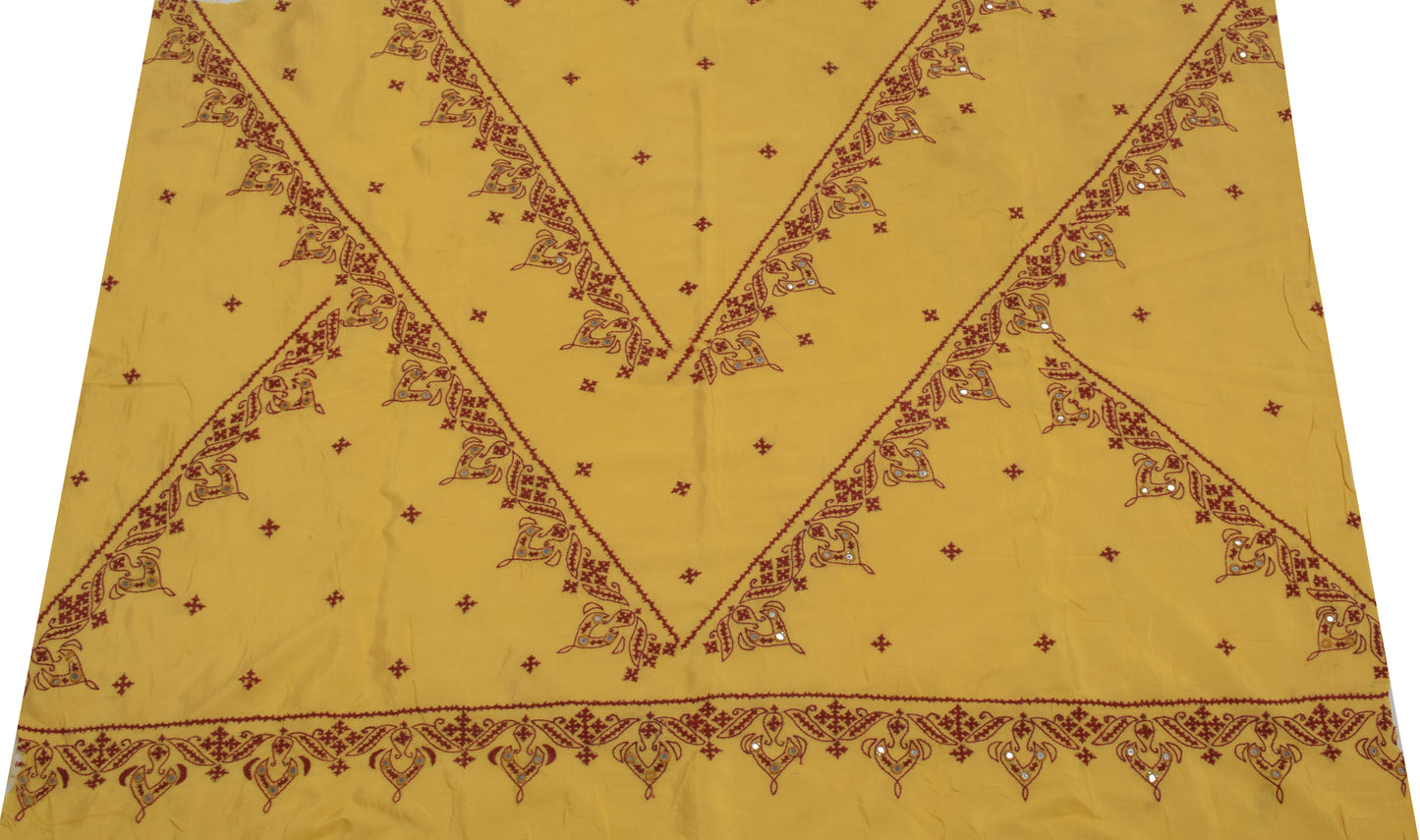 Sushila Vintage Yellow Sari Remnant Scrap Pure Cotton Embroidered Craft Fabric