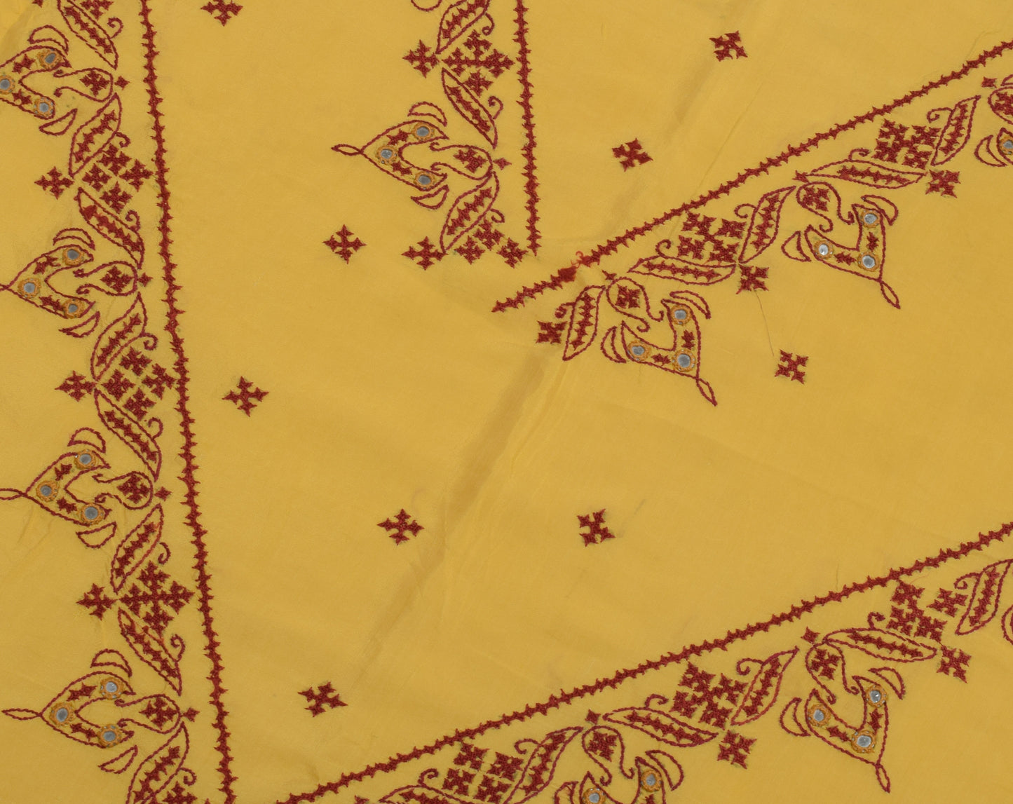 Sushila Vintage Yellow Sari Remnant Scrap Pure Cotton Embroidered Craft Fabric