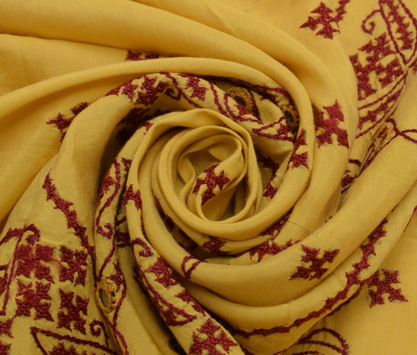 Sushila Vintage Yellow Sari Remnant Scrap Pure Cotton Embroidered Craft Fabric