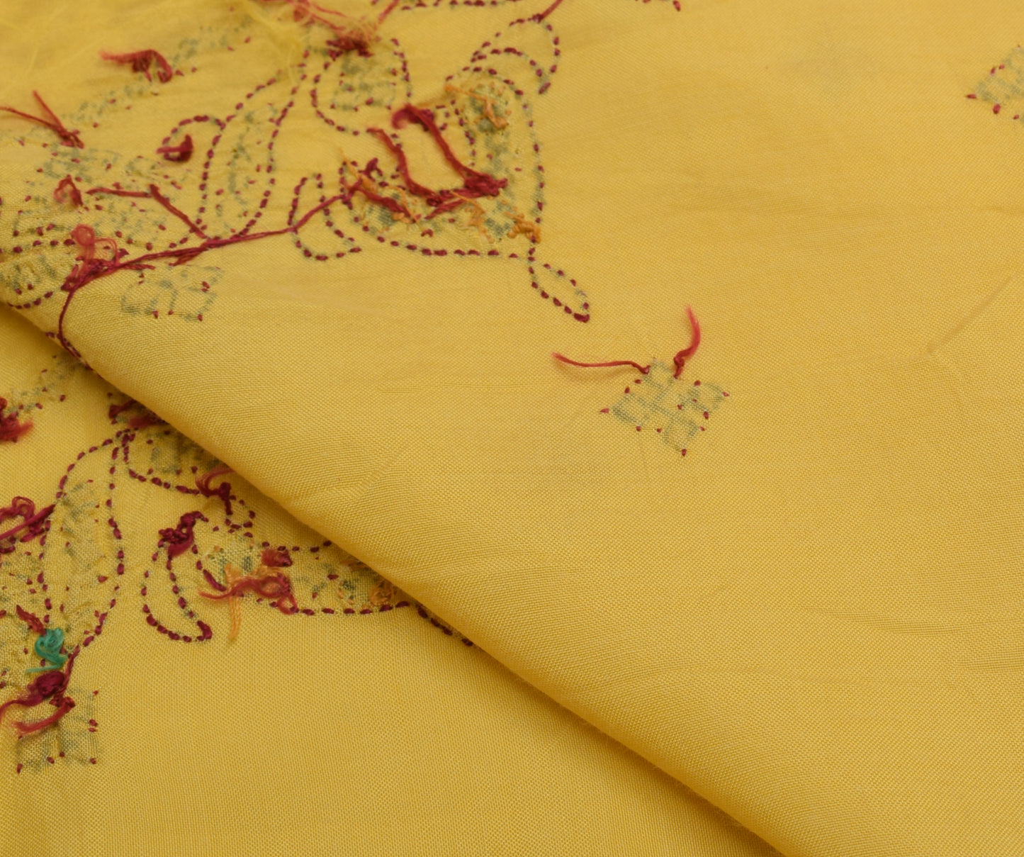 Sushila Vintage Yellow Sari Remnant Scrap Pure Cotton Embroidered Craft Fabric