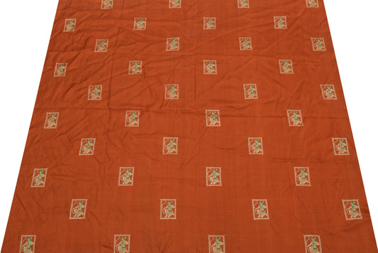 Sushila Vintage Rust Sari Remnant Scrap Pure Silk Baluchari Woven Craft Fabric