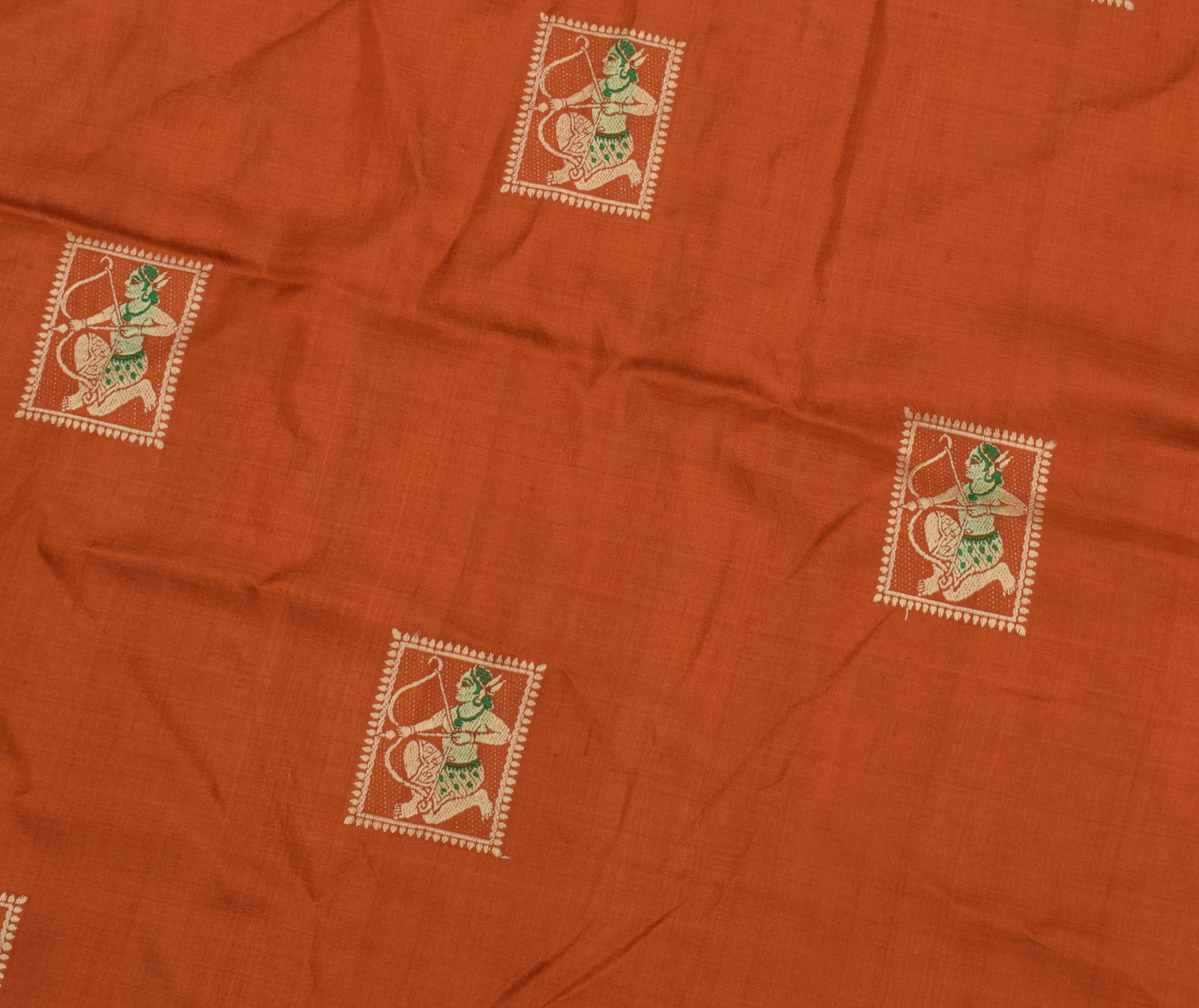 Sushila Vintage Rust Sari Remnant Scrap Pure Silk Baluchari Woven Craft Fabric