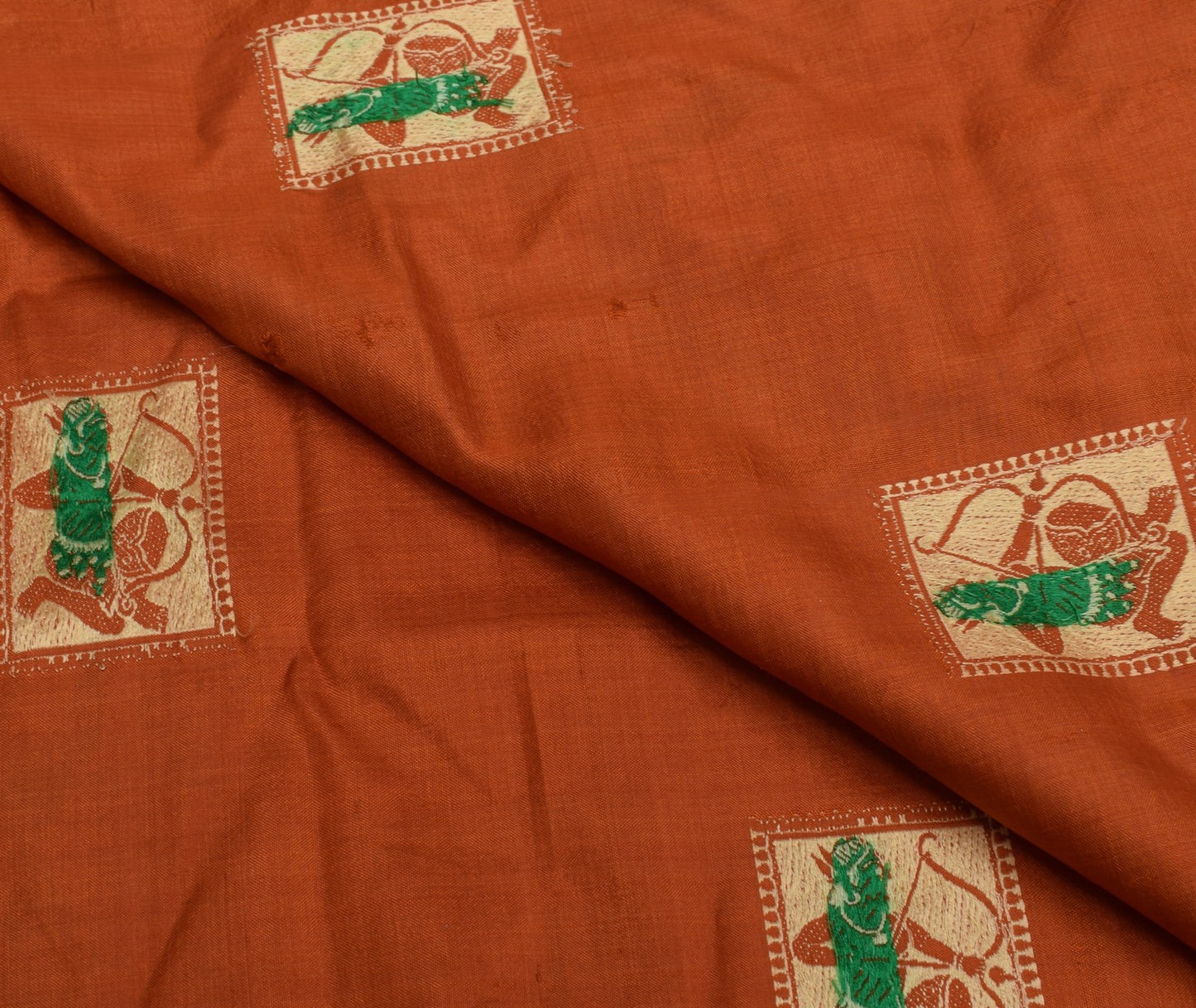 Sushila Vintage Rust Sari Remnant Scrap Pure Silk Baluchari Woven Craft Fabric