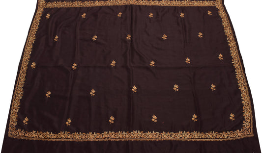 Sushila Vintage Brown Sari Remnant Scrap Pure Silk Hand Embroidered Craft Fabric