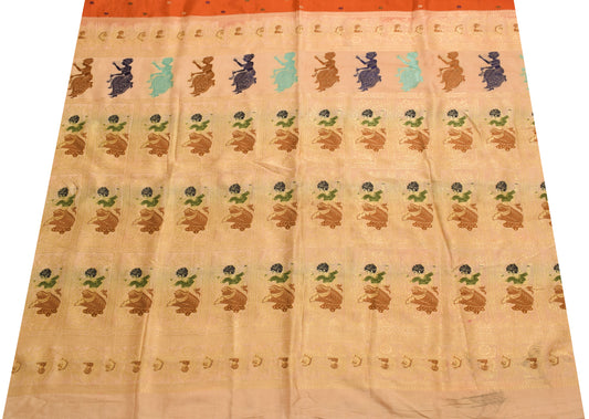 Sushila Vintage Cream Sari Remnant Scrap 100% Pure Silk Woven Craft Sari Fabric