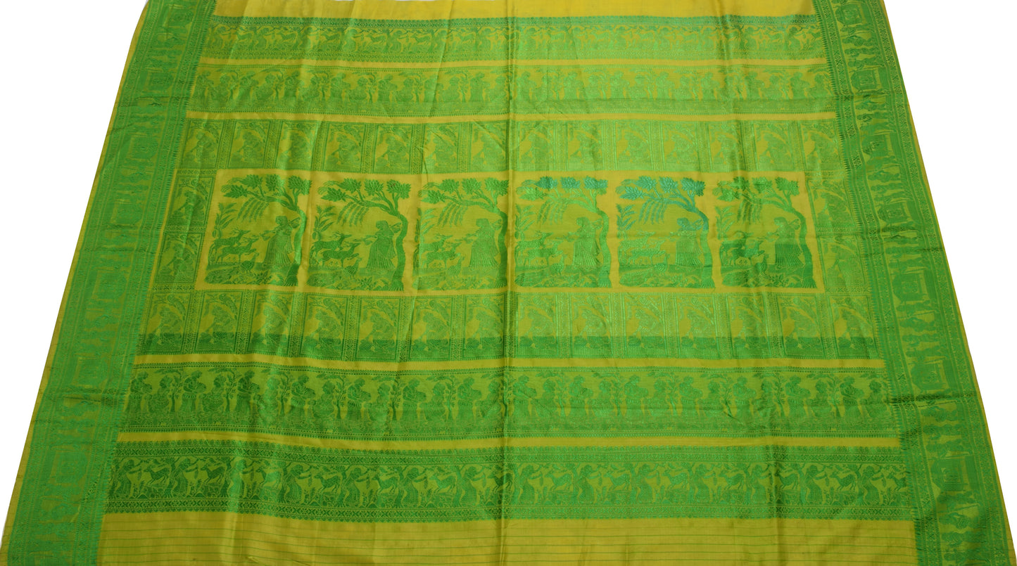 Sushila Vintage Green Sari Remnant Scrap Pure Silk Baluchari Woven Craft Fabric