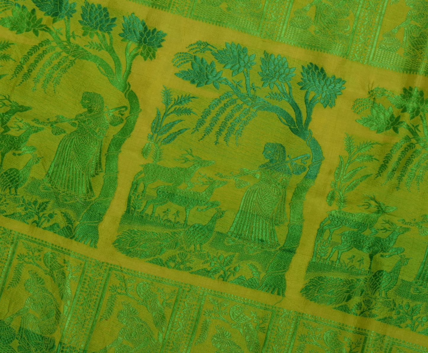 Sushila Vintage Green Sari Remnant Scrap Pure Silk Baluchari Woven Craft Fabric