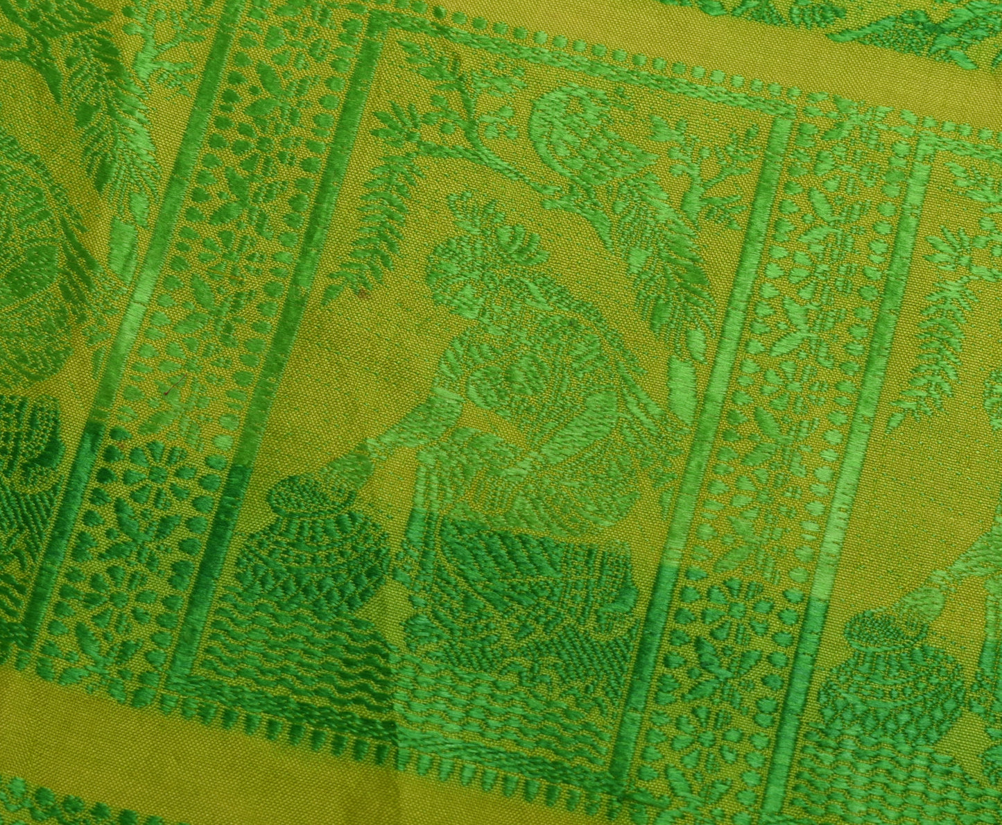 Sushila Vintage Green Sari Remnant Scrap Pure Silk Baluchari Woven Craft Fabric