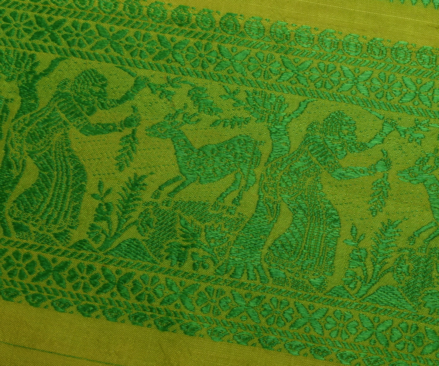 Sushila Vintage Green Sari Remnant Scrap Pure Silk Baluchari Woven Craft Fabric