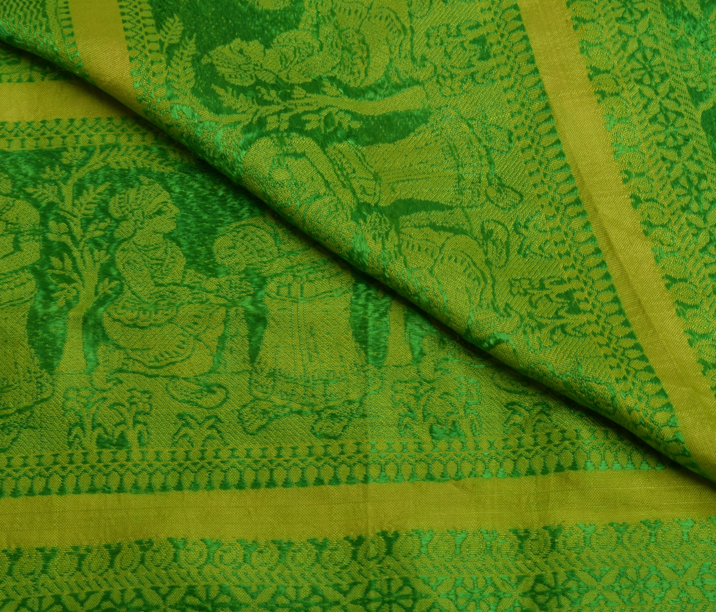 Sushila Vintage Green Sari Remnant Scrap Pure Silk Baluchari Woven Craft Fabric