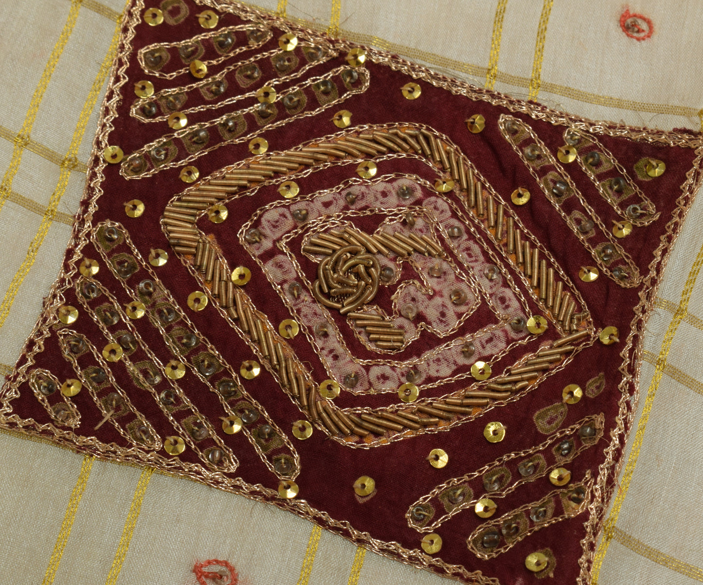 Sushila Vintage Cream Sari Remnant Scrap 100% Pure Silk Zari Woven Craft Fabric