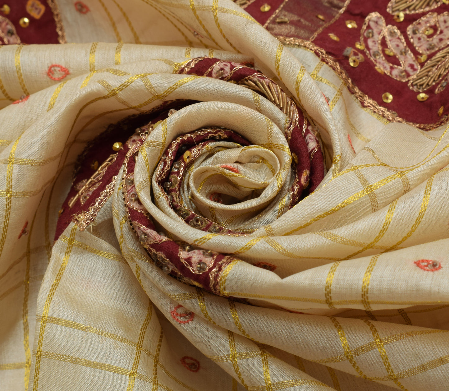 Sushila Vintage Cream Sari Remnant Scrap 100% Pure Silk Zari Woven Craft Fabric