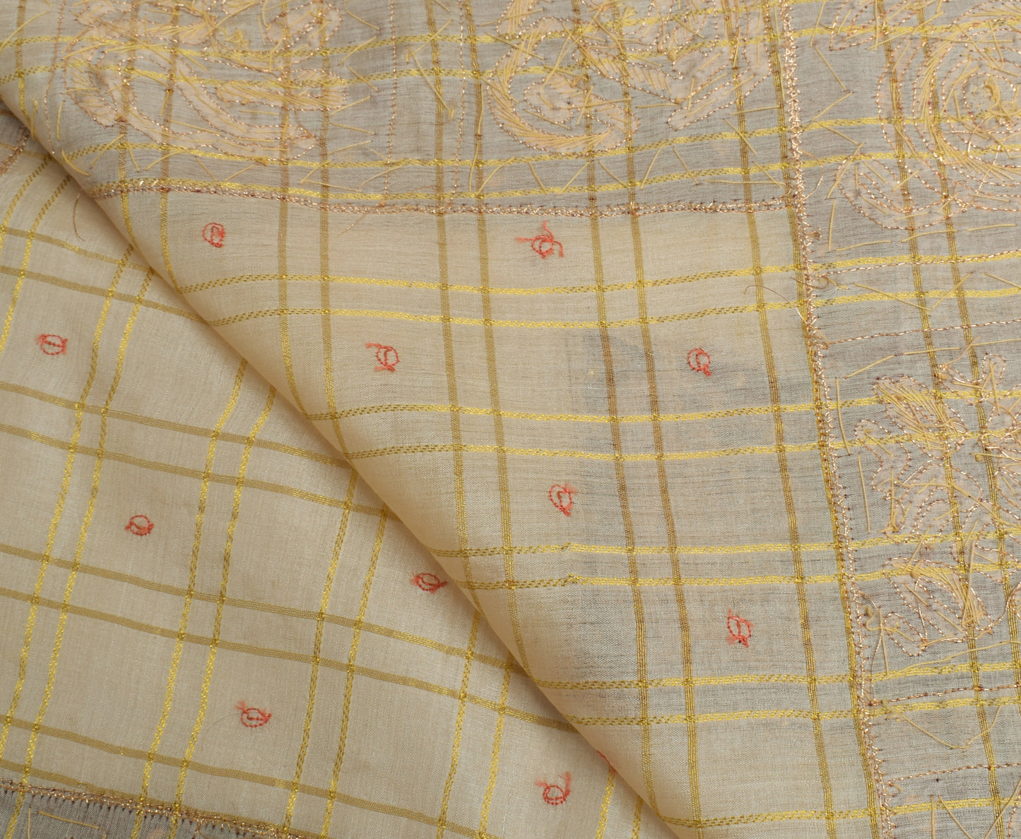 Sushila Vintage Cream Sari Remnant Scrap 100% Pure Silk Zari Woven Craft Fabric