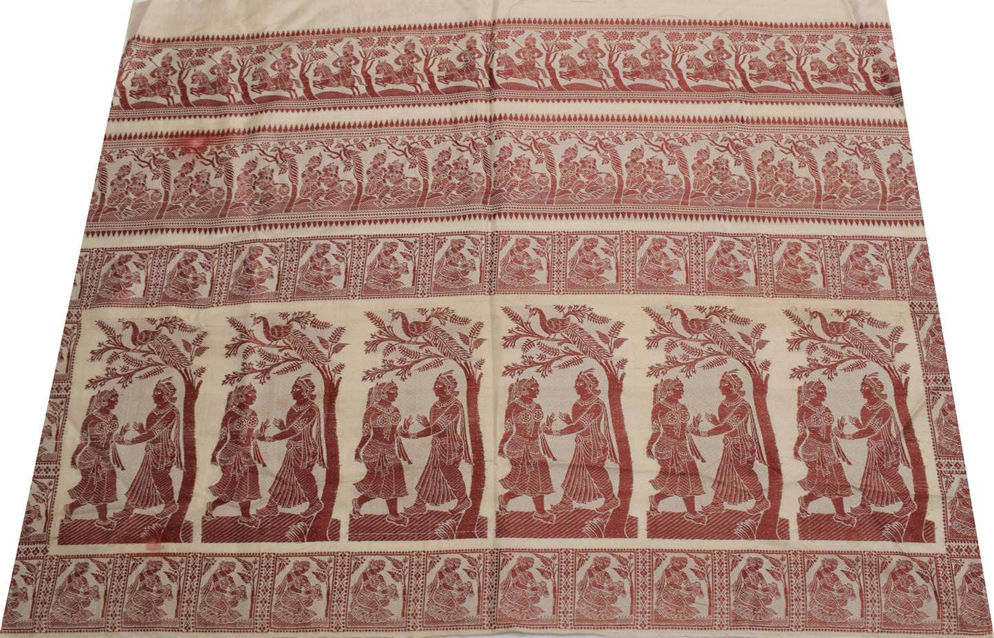 Sushila Vintage Cream Sari Remnant Scrap Pure Silk Baluchari Woven Craft Fabric