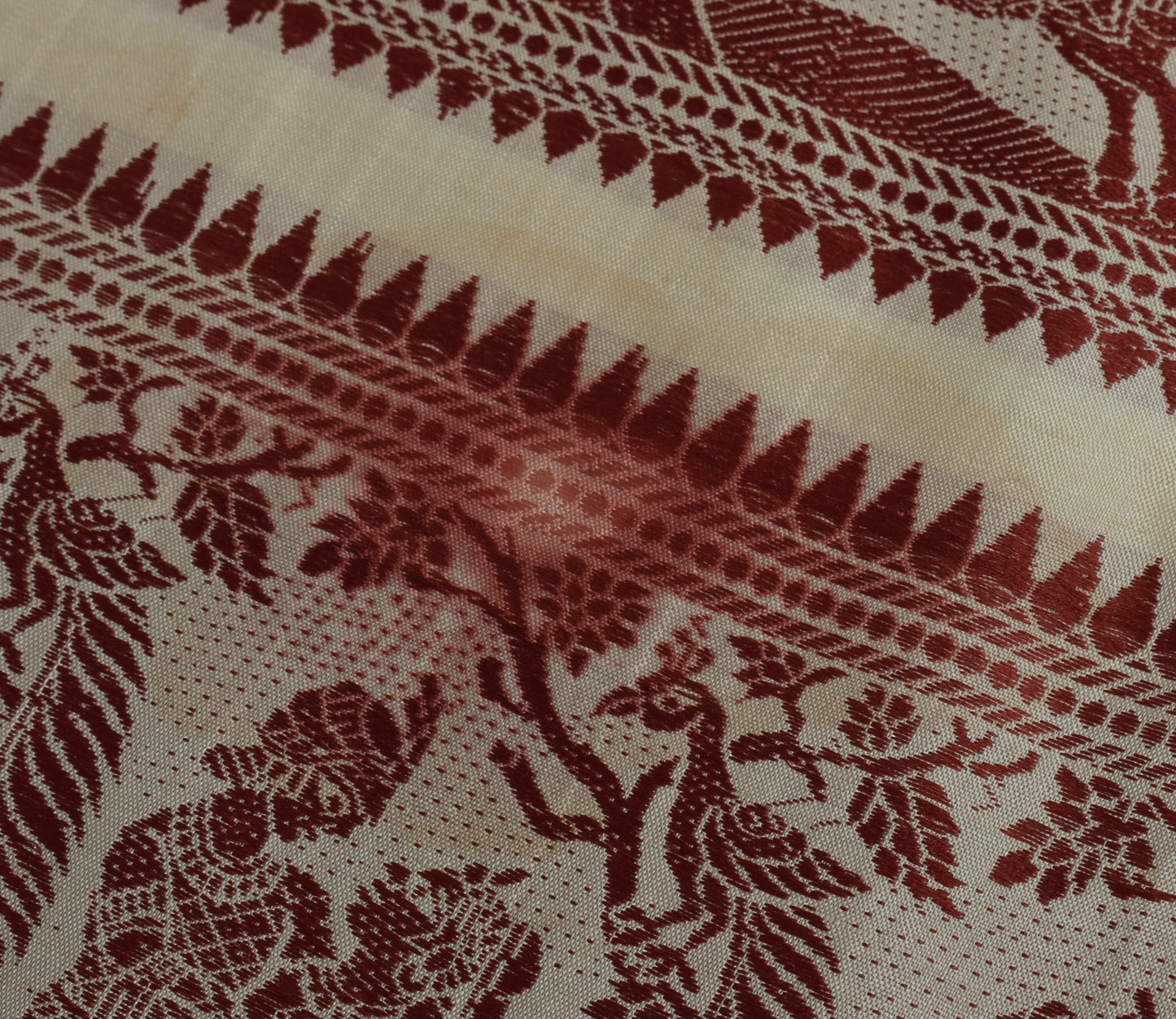 Sushila Vintage Cream Sari Remnant Scrap Pure Silk Baluchari Woven Craft Fabric