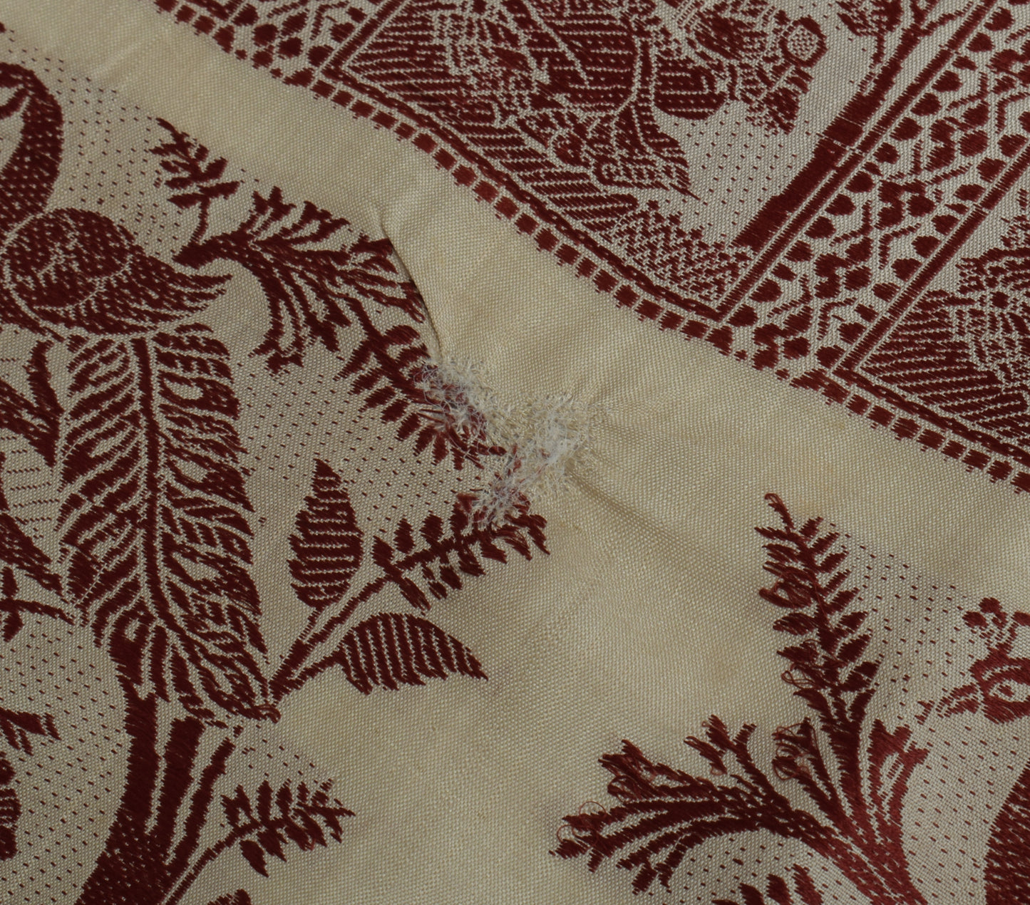 Sushila Vintage Cream Sari Remnant Scrap Pure Silk Baluchari Woven Craft Fabric