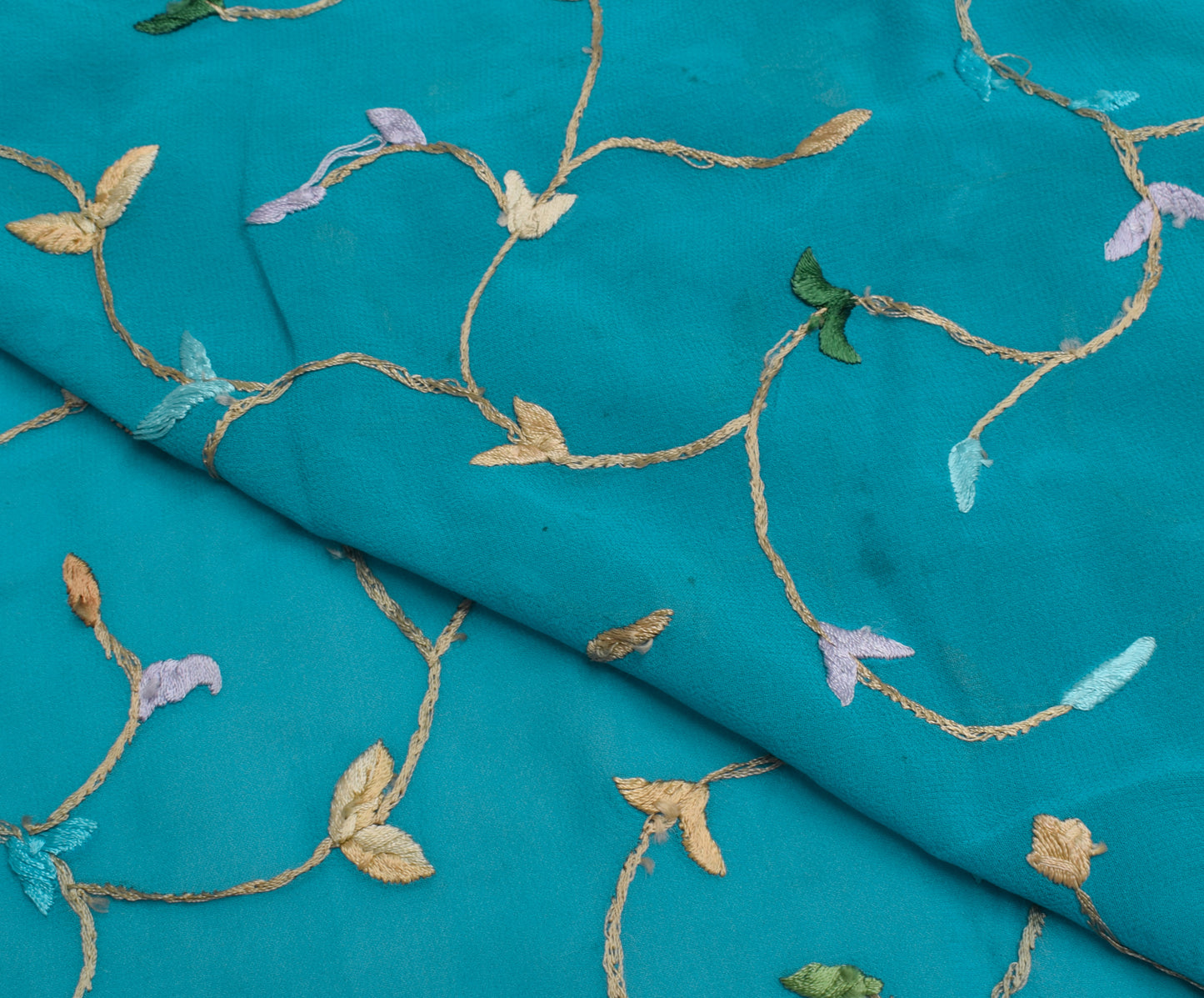 Sushila Vintage Blue Sari Remnant Scrap Pure Georgette Embroidered Craft Fabric