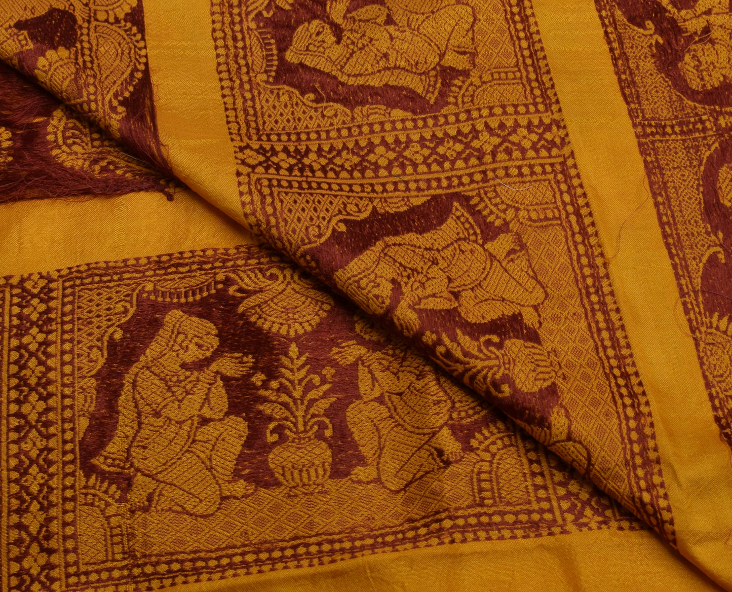 Sushila Vintage Mustard Sari Remnant Scrap 100% Pure Silk Woven Craft Fabric