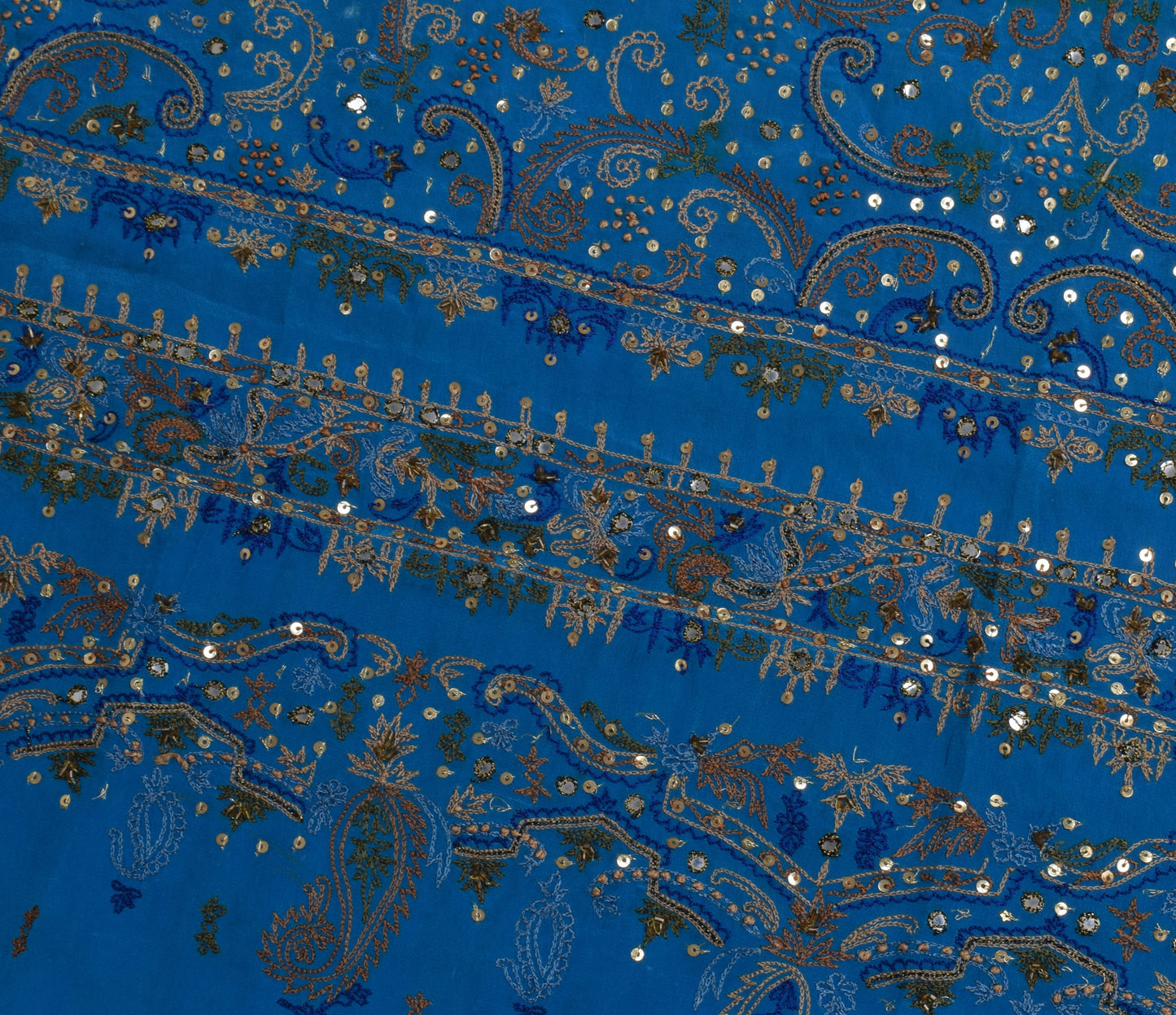 Sushila Vintage Blue Sari Remnant Scrap 100% Pure Crepe Embroidered Craft Fabric