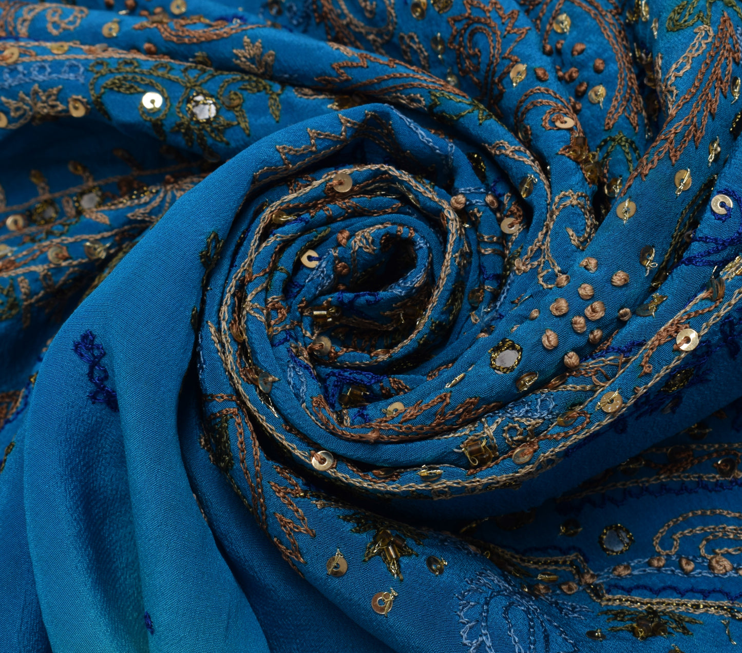 Sushila Vintage Blue Sari Remnant Scrap 100% Pure Crepe Embroidered Craft Fabric