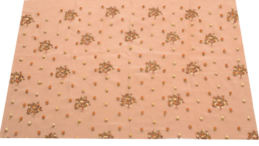 Sushila Vintage Peach Sari Remnant Scrap Pure Crepe Hand Embroidery Craft Fabric