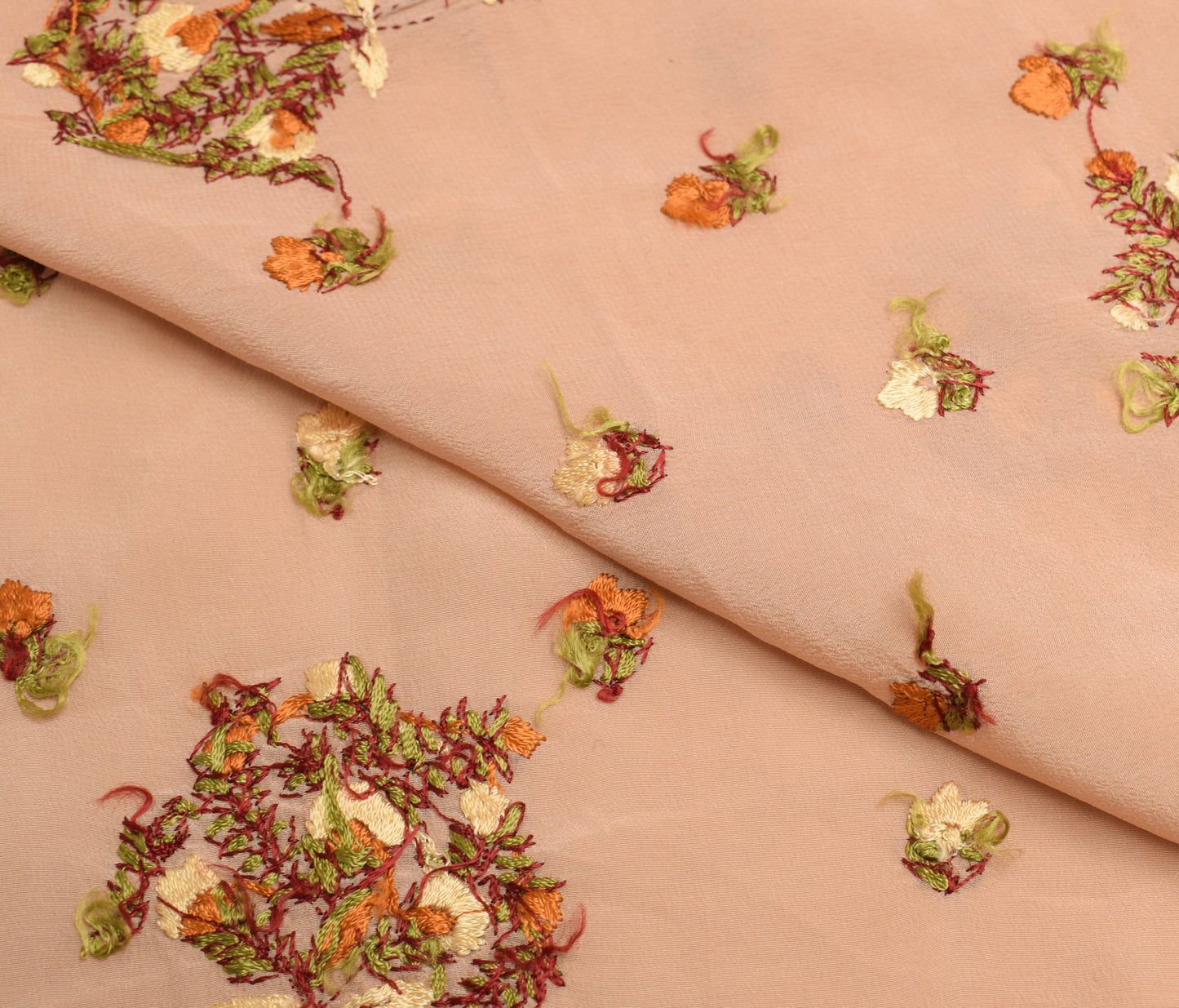 Sushila Vintage Peach Sari Remnant Scrap Pure Crepe Hand Embroidery Craft Fabric