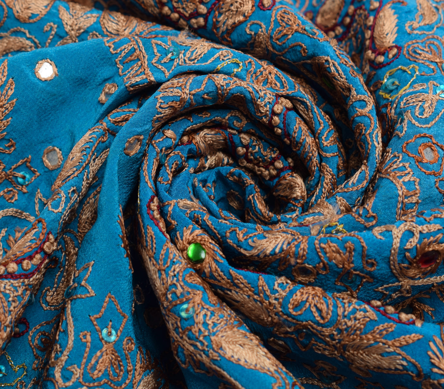 Sushila Vintage Blue Sari Remnant Scrap 100% Pure Crepe Embroidered Craft Fabric