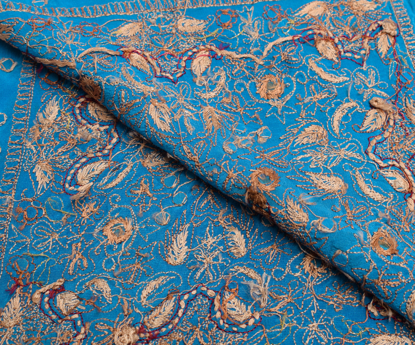 Sushila Vintage Blue Sari Remnant Scrap 100% Pure Crepe Embroidered Craft Fabric