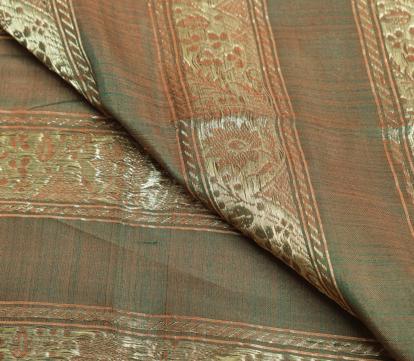 Sushila Vintage Green Sari Remnant Scrap 100% Pure Silk Zari Woven Craft Fabric