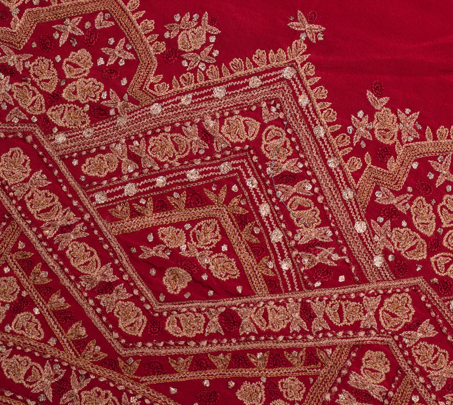 Sushila Vintage Red Sari Remnant Scrap 100% Pure Crepe Embroidered Craft Fabric