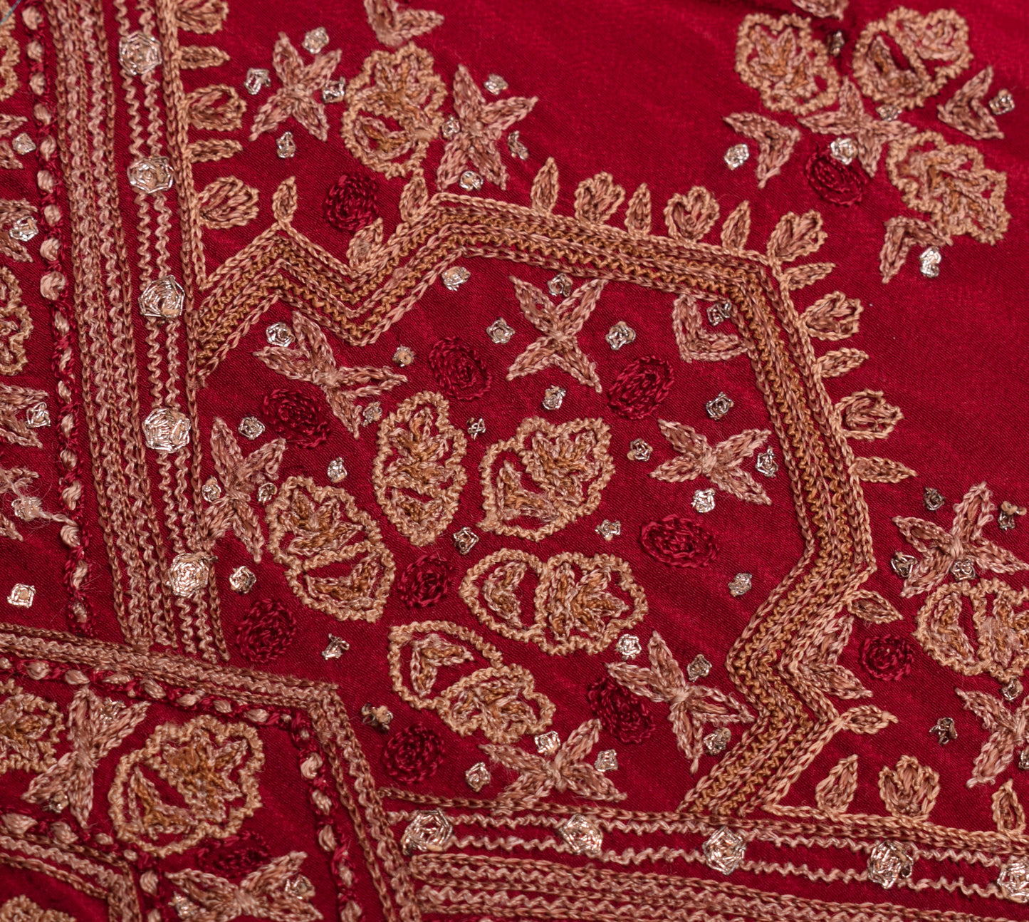 Sushila Vintage Red Sari Remnant Scrap 100% Pure Crepe Embroidered Craft Fabric