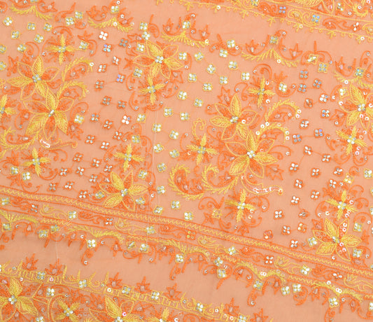 Sushila Vintage Orange Sari Remnant Scrap Georgette Hand Beaded Craft Fabric