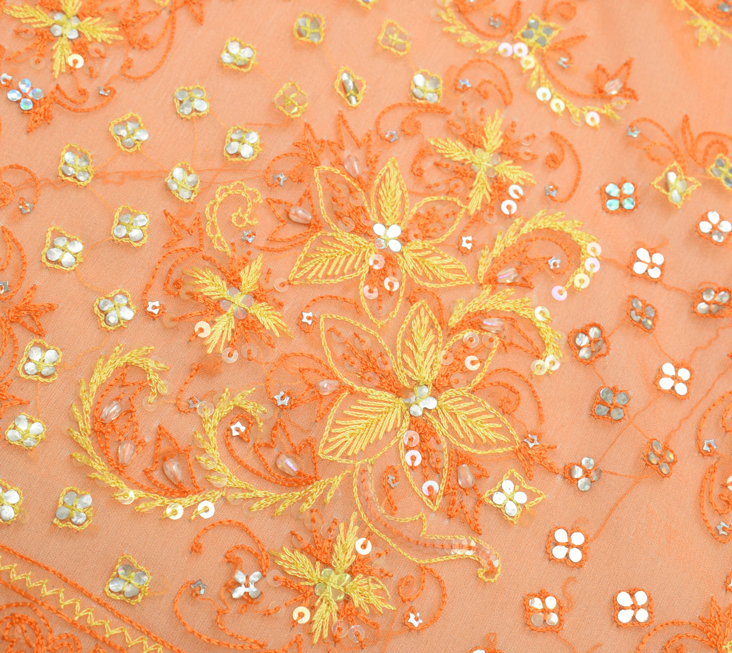 Sushila Vintage Orange Sari Remnant Scrap Georgette Hand Beaded Craft Fabric