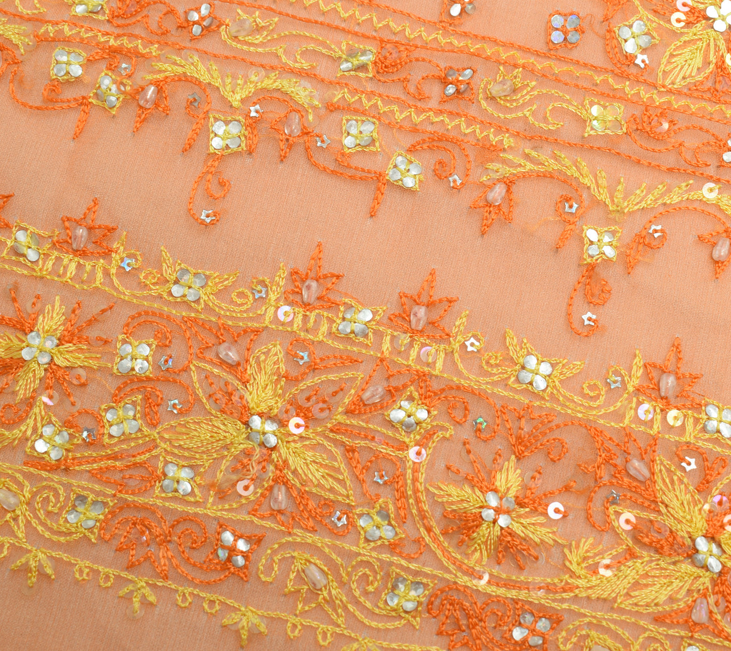 Sushila Vintage Orange Sari Remnant Scrap Georgette Hand Beaded Craft Fabric