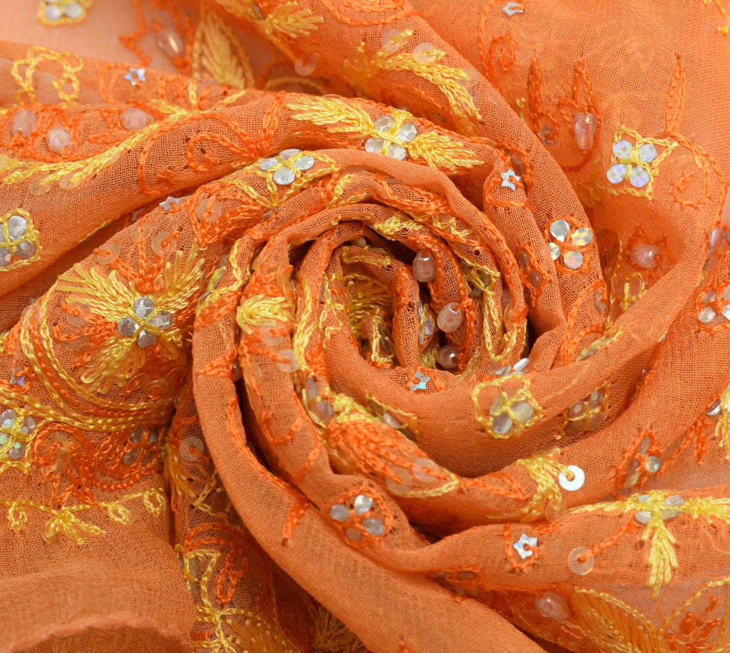 Sushila Vintage Orange Sari Remnant Scrap Georgette Hand Beaded Craft Fabric