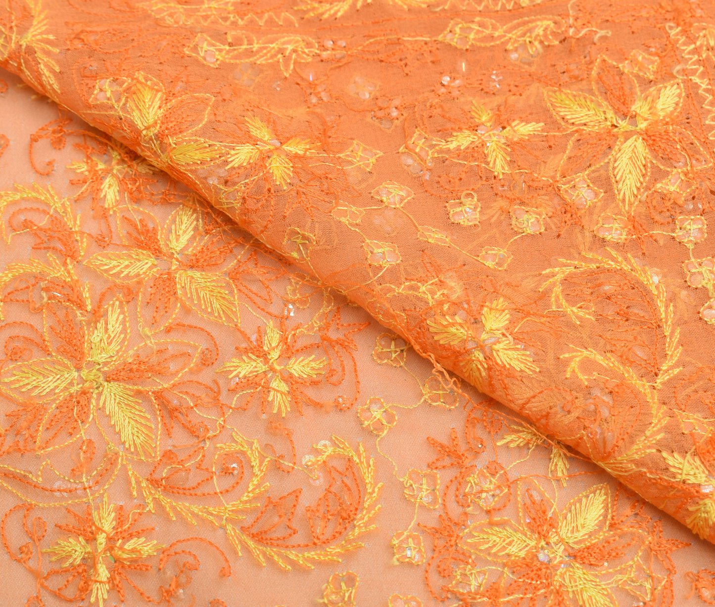 Sushila Vintage Orange Sari Remnant Scrap Georgette Hand Beaded Craft Fabric