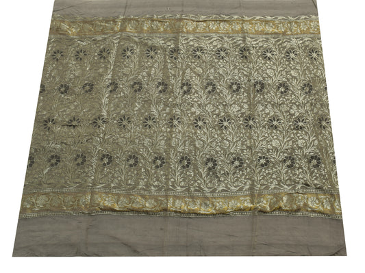 Sushila Vintage Gray Sari Remnant Scrap Blend Silk Woven Floral Craft Fabric