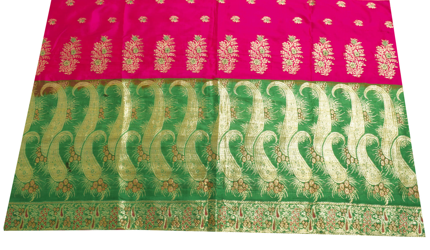 Sushila Vintage Green Sari Remnant Scrap 100% Pure Silk Zari Woven Craft Fabric