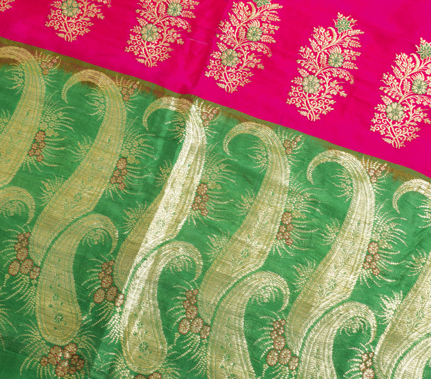 Sushila Vintage Green Sari Remnant Scrap 100% Pure Silk Zari Woven Craft Fabric