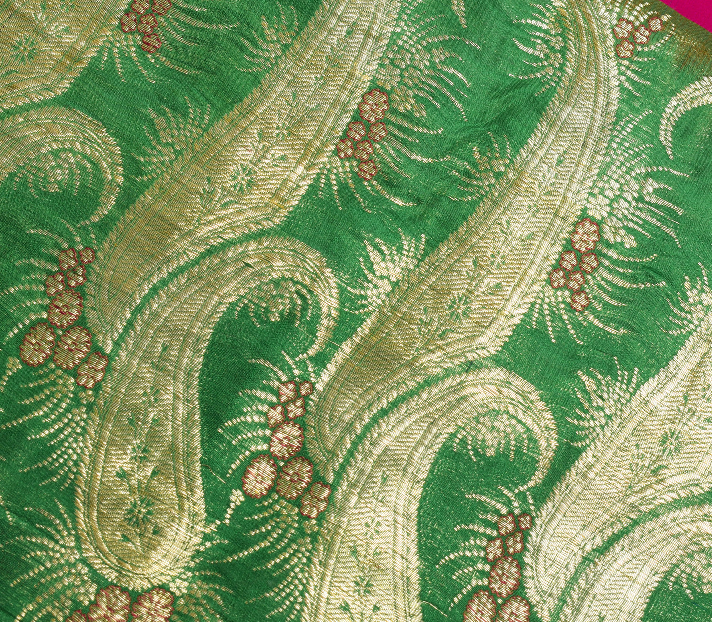 Sushila Vintage Green Sari Remnant Scrap 100% Pure Silk Zari Woven Craft Fabric