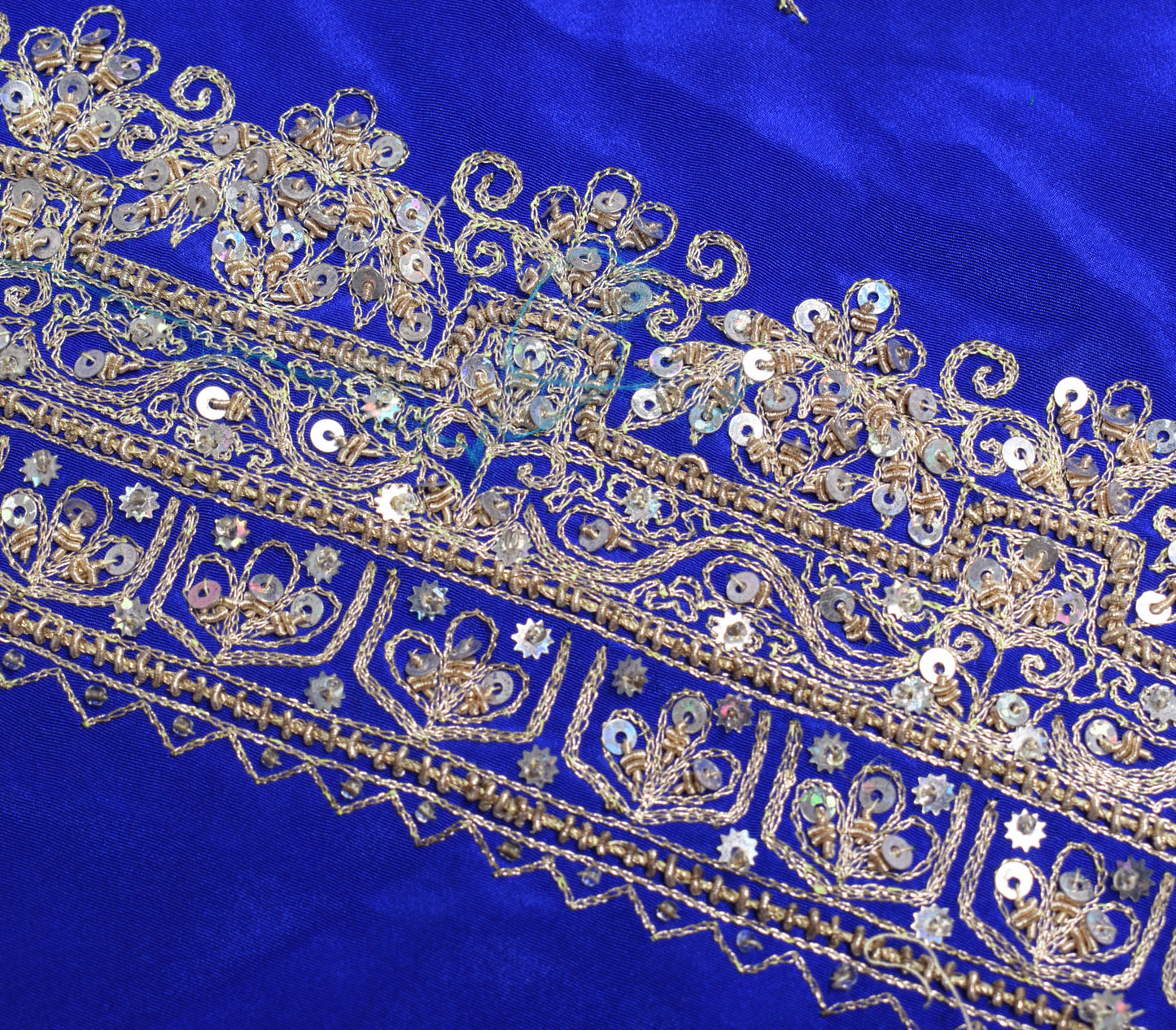 Sushila Vintage Blue Sari Remnant Scrap Multi Purpose Hand Beaded Craft Fabric