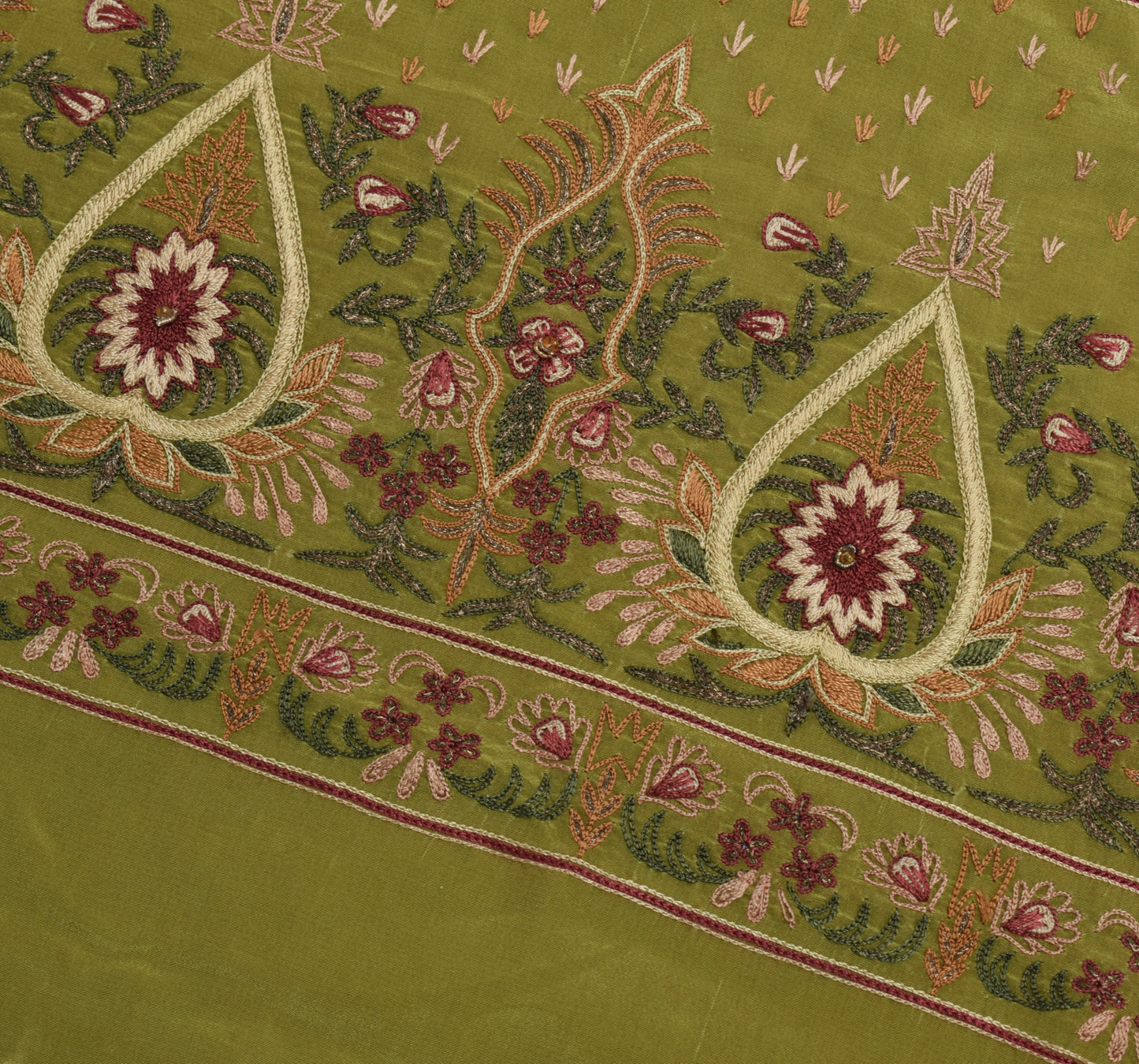 Sushila Vintage Green Sari Remnant Scrap 100% Pure Silk Embroidered Craft Fabric