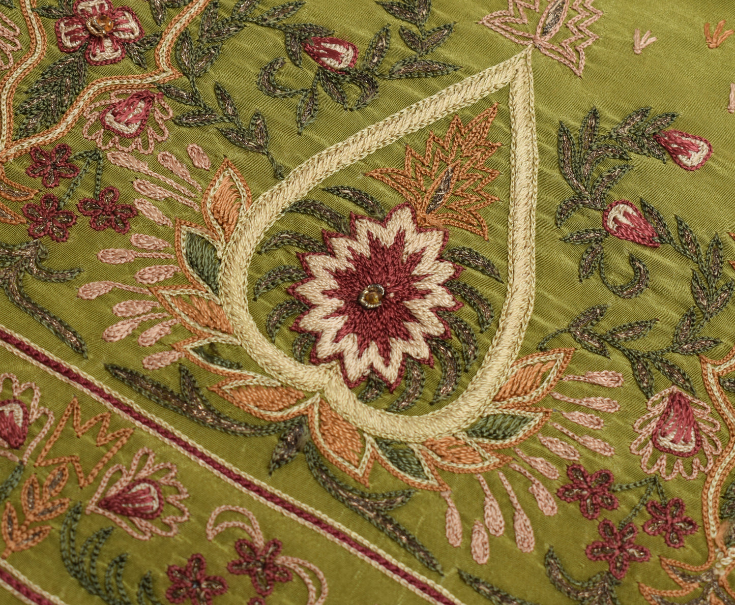 Sushila Vintage Green Sari Remnant Scrap 100% Pure Silk Embroidered Craft Fabric