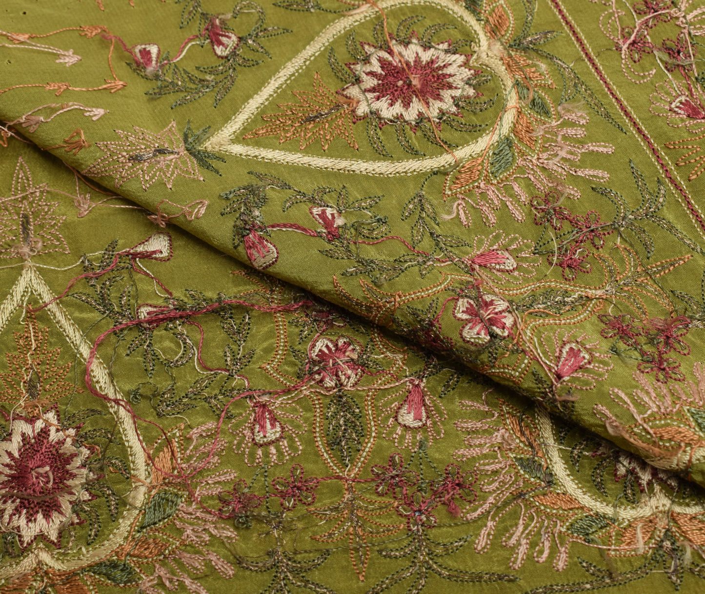 Sushila Vintage Green Sari Remnant Scrap 100% Pure Silk Embroidered Craft Fabric