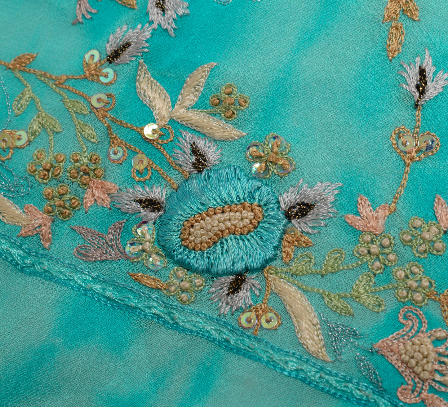 Sushila Vintage Aqua Sari Remnant Scrap Multi Purpose Hand Beaded Craft Fabric