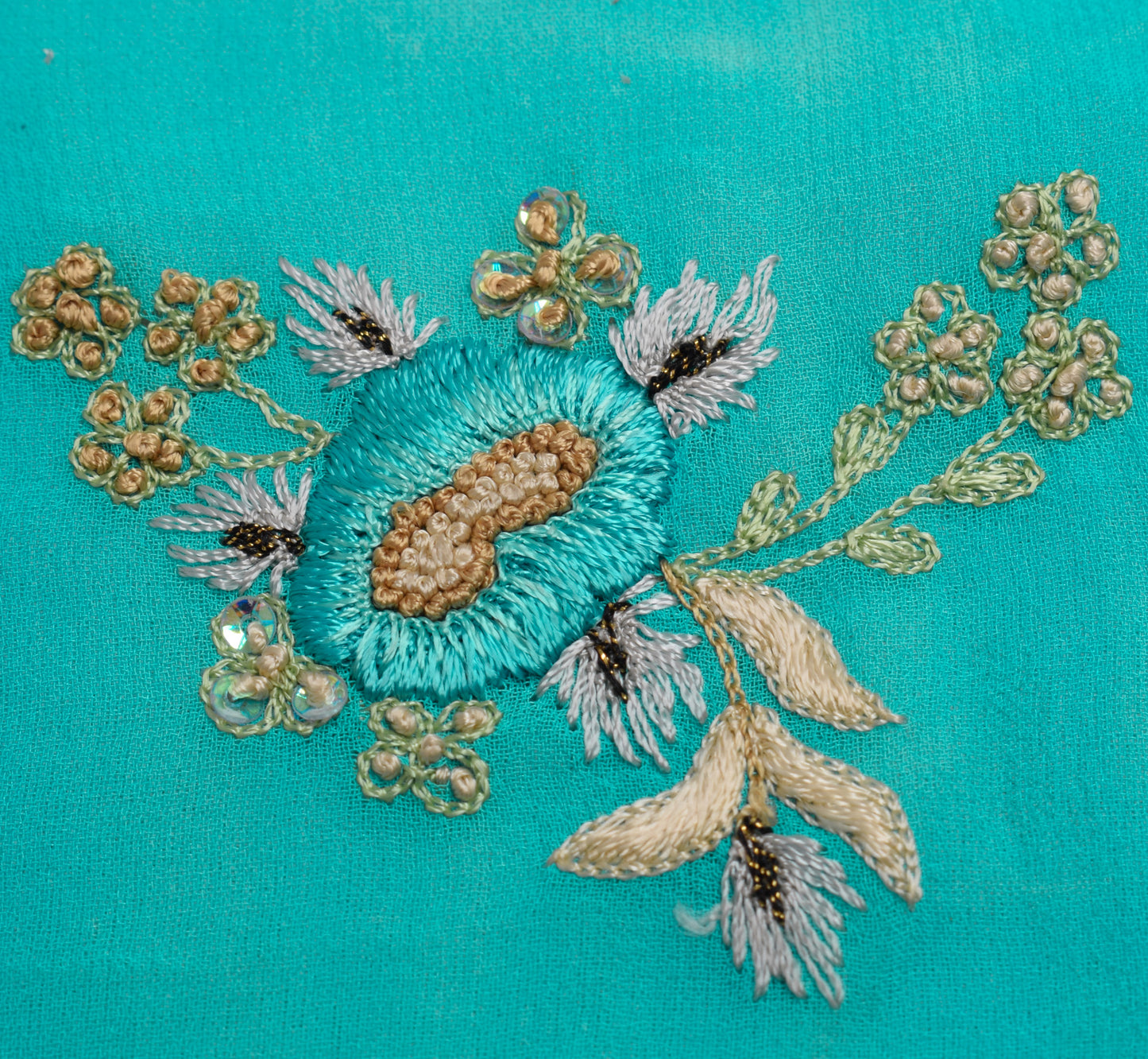 Sushila Vintage Aqua Sari Remnant Scrap Multi Purpose Hand Beaded Craft Fabric