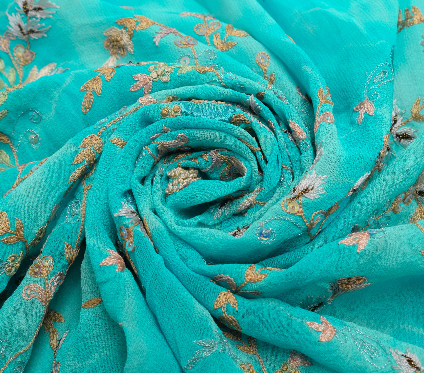 Sushila Vintage Aqua Sari Remnant Scrap Multi Purpose Hand Beaded Craft Fabric